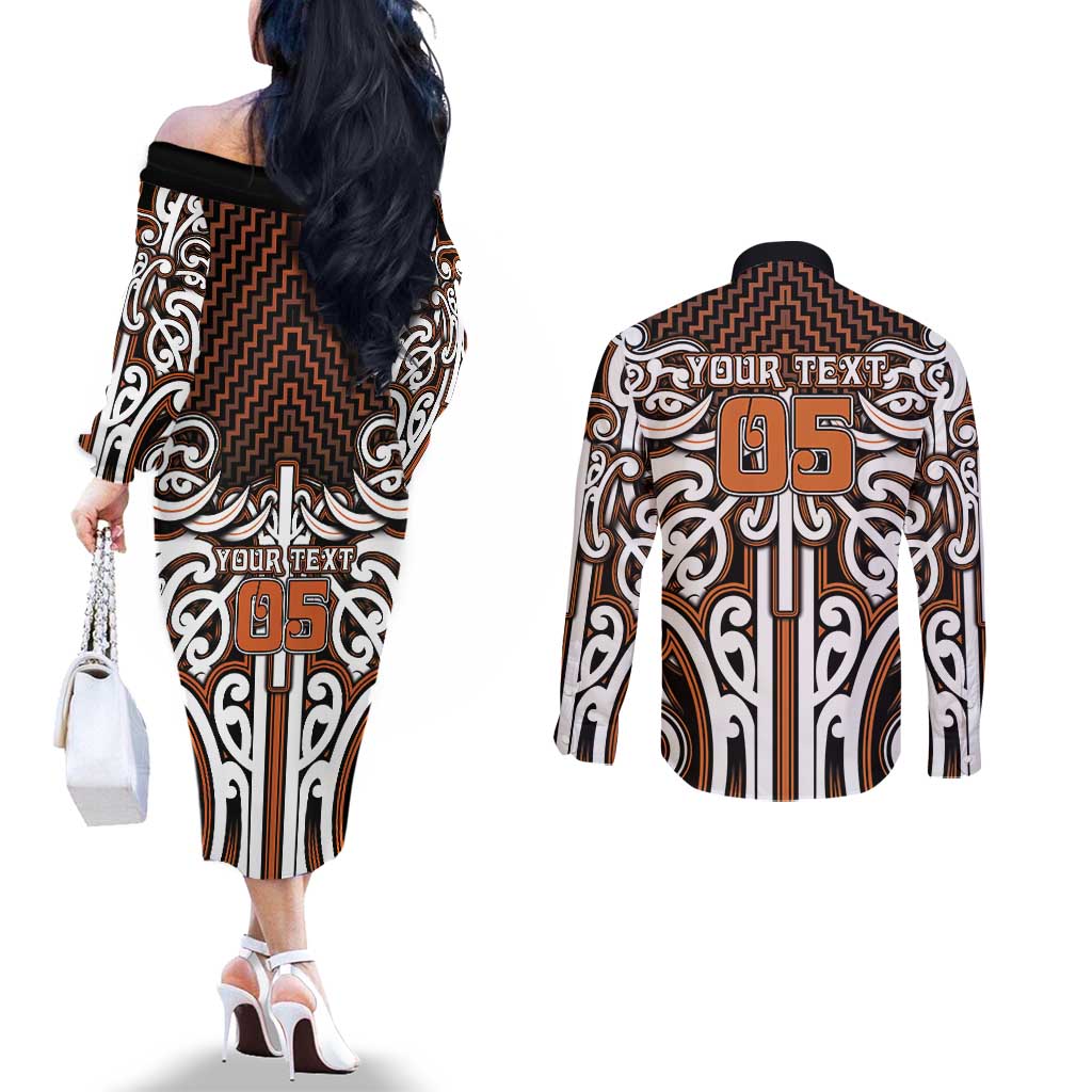 Custom Aotearoa Waikato Couples Matching Off The Shoulder Long Sleeve Dress and Long Sleeve Button Shirt Maori Tribal Pattern Mix Poutama