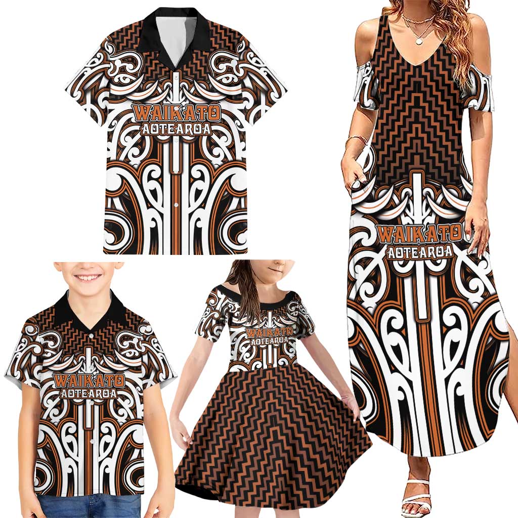 Custom Aotearoa Waikato Family Matching Summer Maxi Dress and Hawaiian Shirt Maori Tribal Pattern Mix Poutama