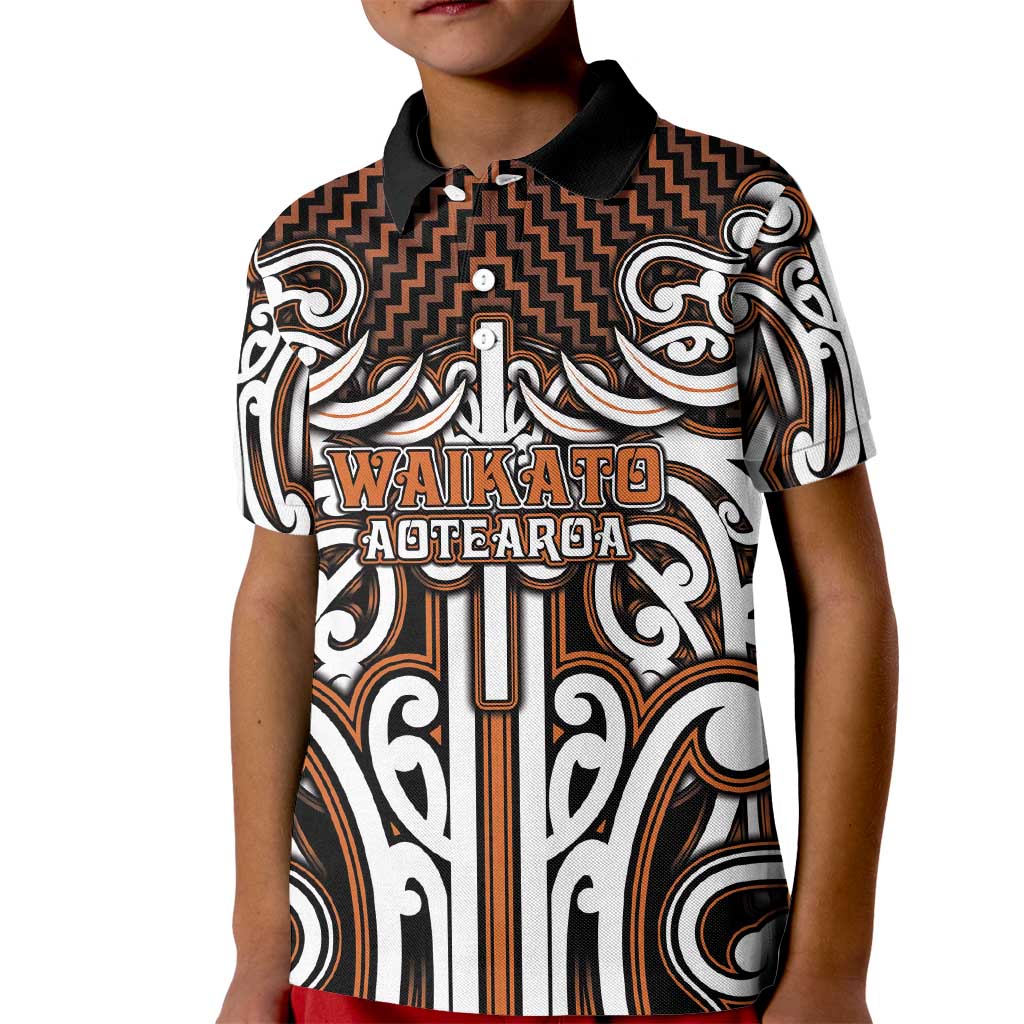 Custom Aotearoa Waikato Kid Polo Shirt Maori Tribal Pattern Mix Poutama LT05 Kid Orange - Polynesian Pride