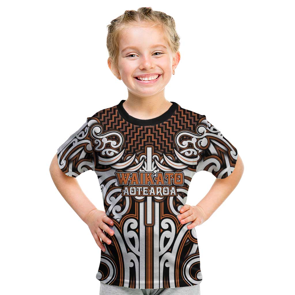 Custom Aotearoa Waikato Kid T Shirt Maori Tribal Pattern Mix Poutama