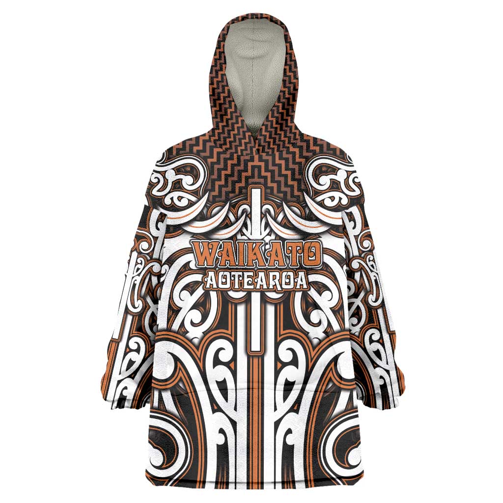 Custom Aotearoa Waikato Wearable Blanket Hoodie Maori Tribal Pattern Mix Poutama LT05 One Size Orange - Polynesian Pride