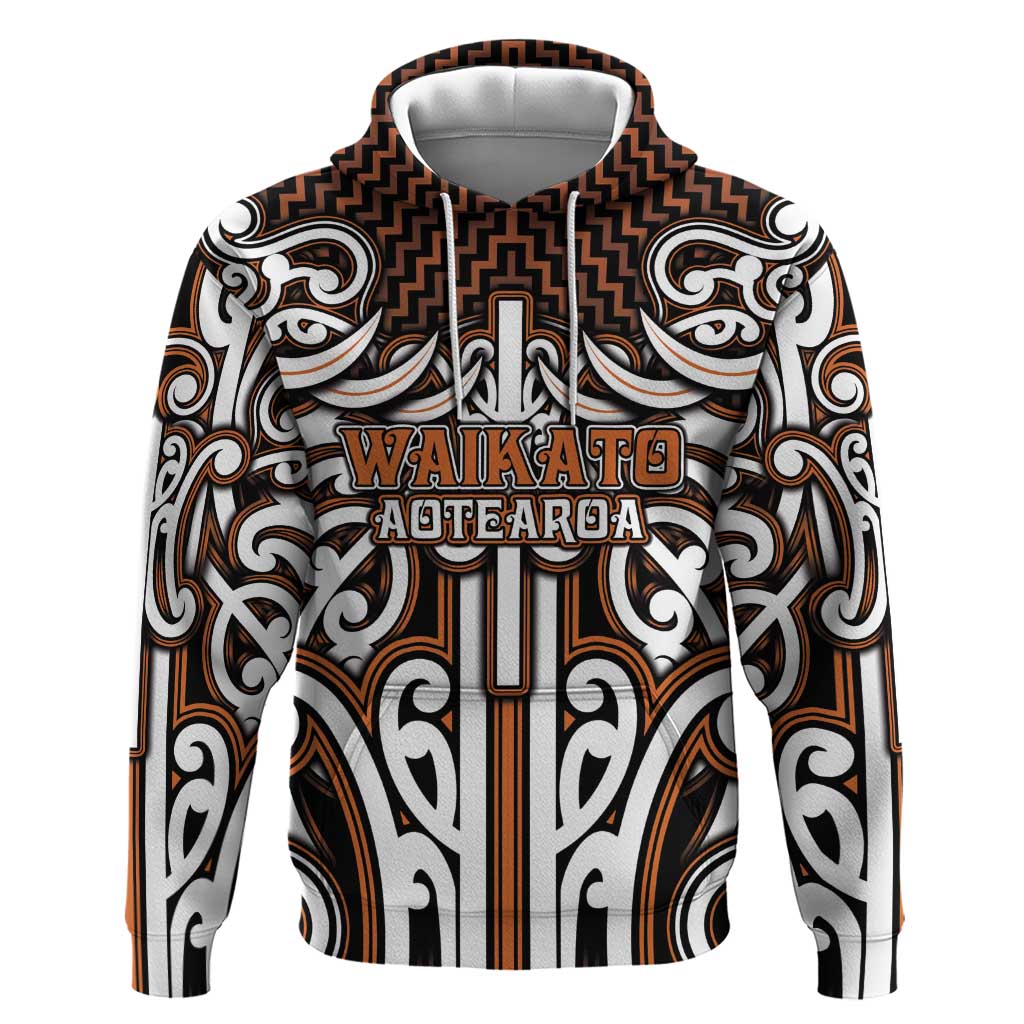 Custom Aotearoa Waikato Zip Hoodie Maori Tribal Pattern Mix Poutama LT05 Pullover Hoodie Orange - Polynesian Pride