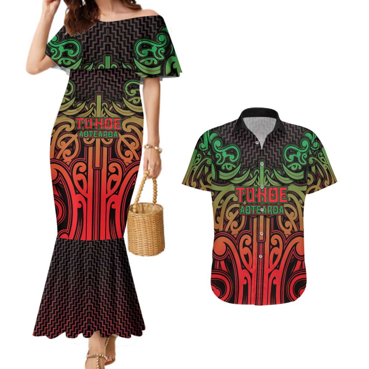 Custom Aotearoa Tuhoe Couples Matching Mermaid Dress and Hawaiian Shirt Maori Tribal Pattern Mix Poutama