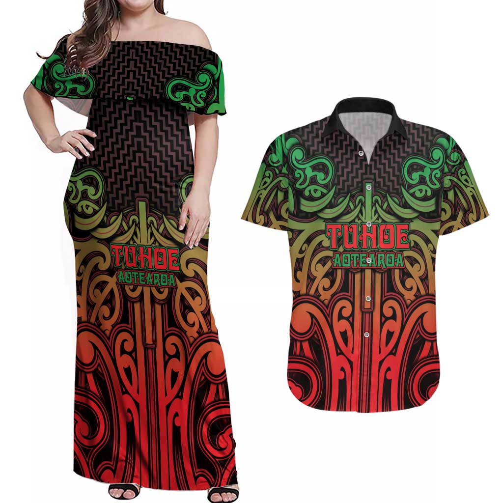 Custom Aotearoa Tuhoe Couples Matching Off Shoulder Maxi Dress and Hawaiian Shirt Maori Tribal Pattern Mix Poutama