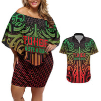Custom Aotearoa Tuhoe Couples Matching Off Shoulder Short Dress and Hawaiian Shirt Maori Tribal Pattern Mix Poutama