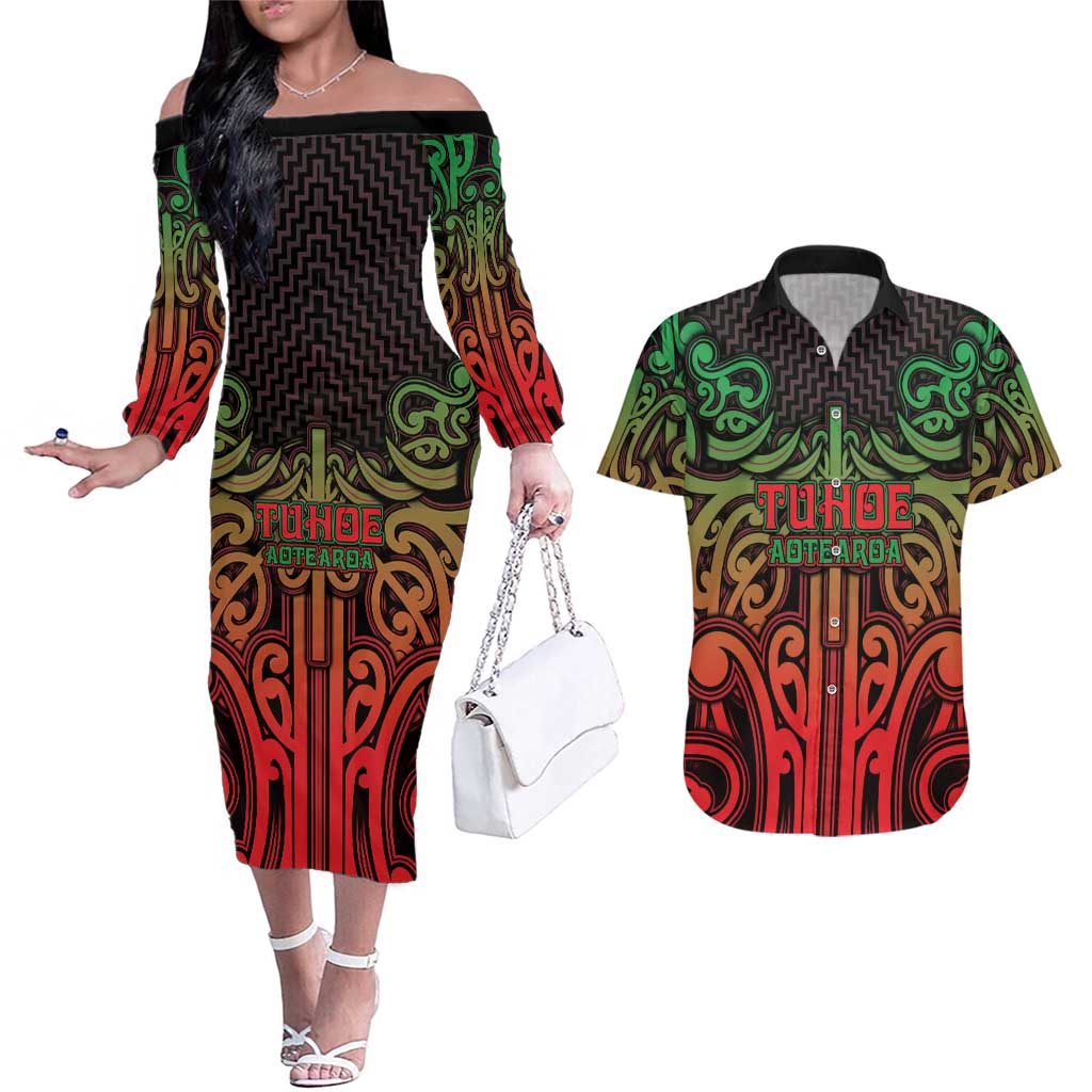 Custom Aotearoa Tuhoe Couples Matching Off The Shoulder Long Sleeve Dress and Hawaiian Shirt Maori Tribal Pattern Mix Poutama