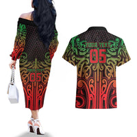 Custom Aotearoa Tuhoe Couples Matching Off The Shoulder Long Sleeve Dress and Hawaiian Shirt Maori Tribal Pattern Mix Poutama