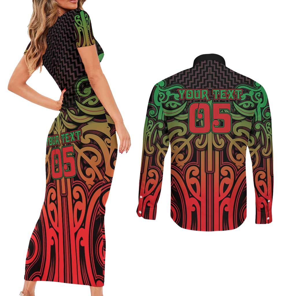 Custom Aotearoa Tuhoe Couples Matching Short Sleeve Bodycon Dress and Long Sleeve Button Shirt Maori Tribal Pattern Mix Poutama