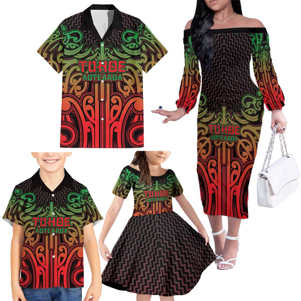 Custom Aotearoa Tuhoe Family Matching Off The Shoulder Long Sleeve Dress and Hawaiian Shirt Maori Tribal Pattern Mix Poutama LT05 - Polynesian Pride