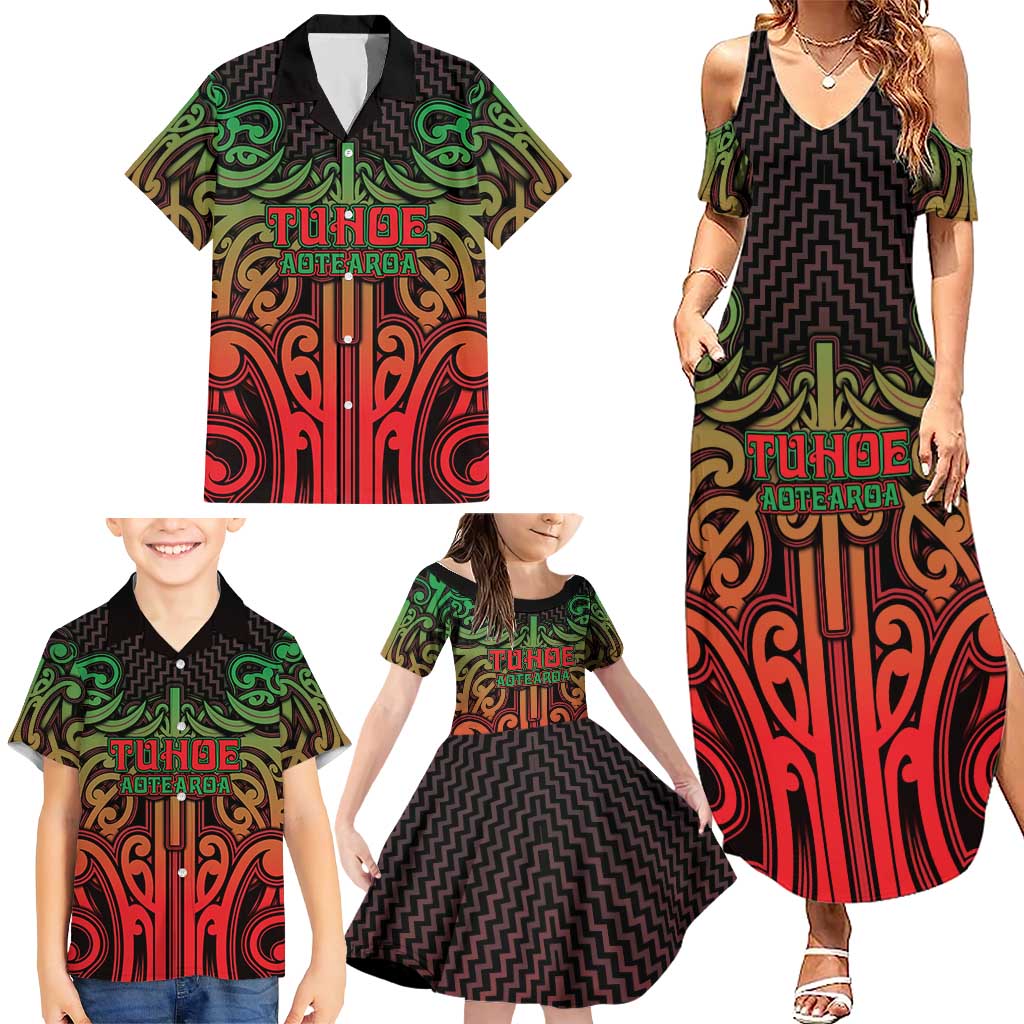 Custom Aotearoa Tuhoe Family Matching Summer Maxi Dress and Hawaiian Shirt Maori Tribal Pattern Mix Poutama