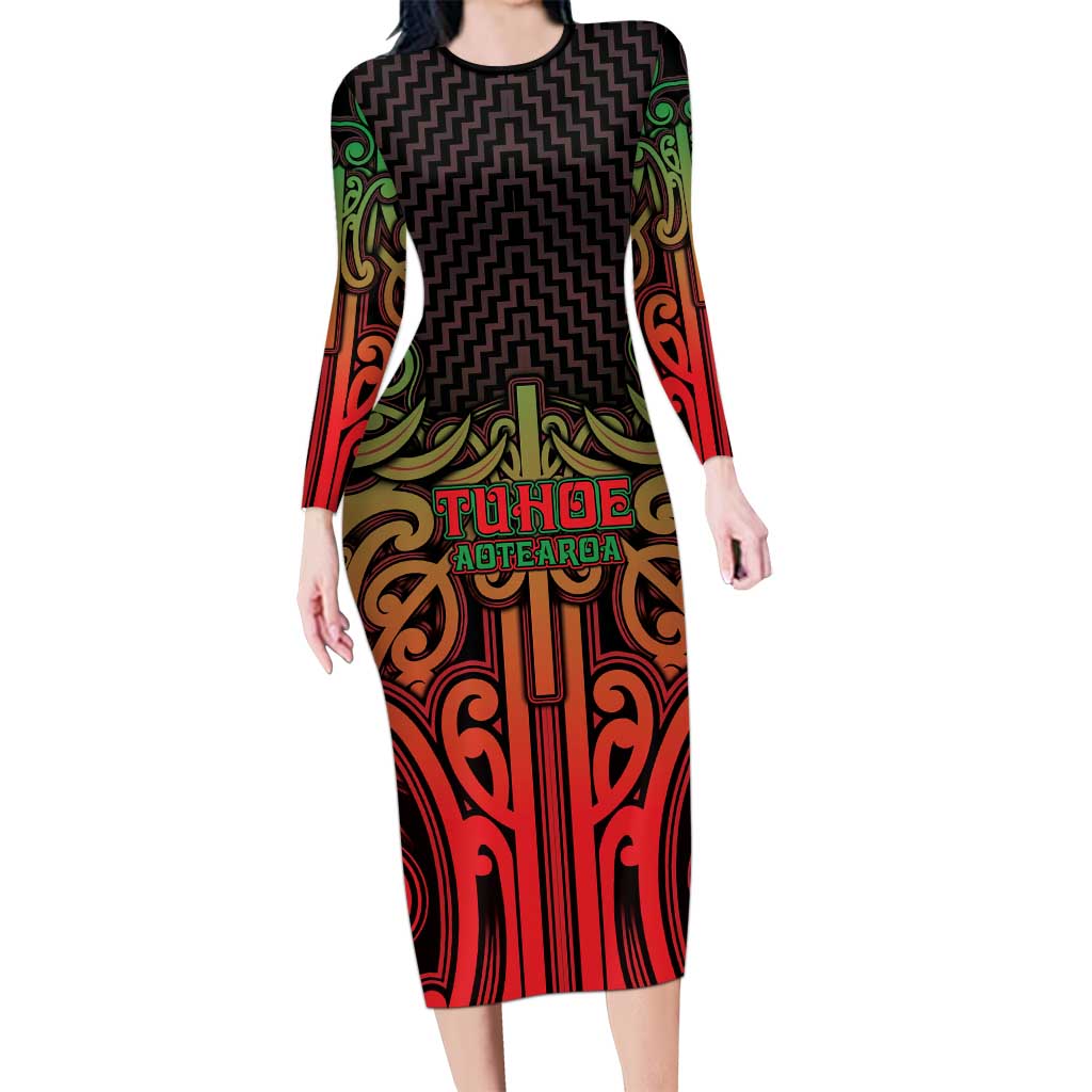 Custom Aotearoa Tuhoe Long Sleeve Bodycon Dress Maori Tribal Pattern Mix Poutama