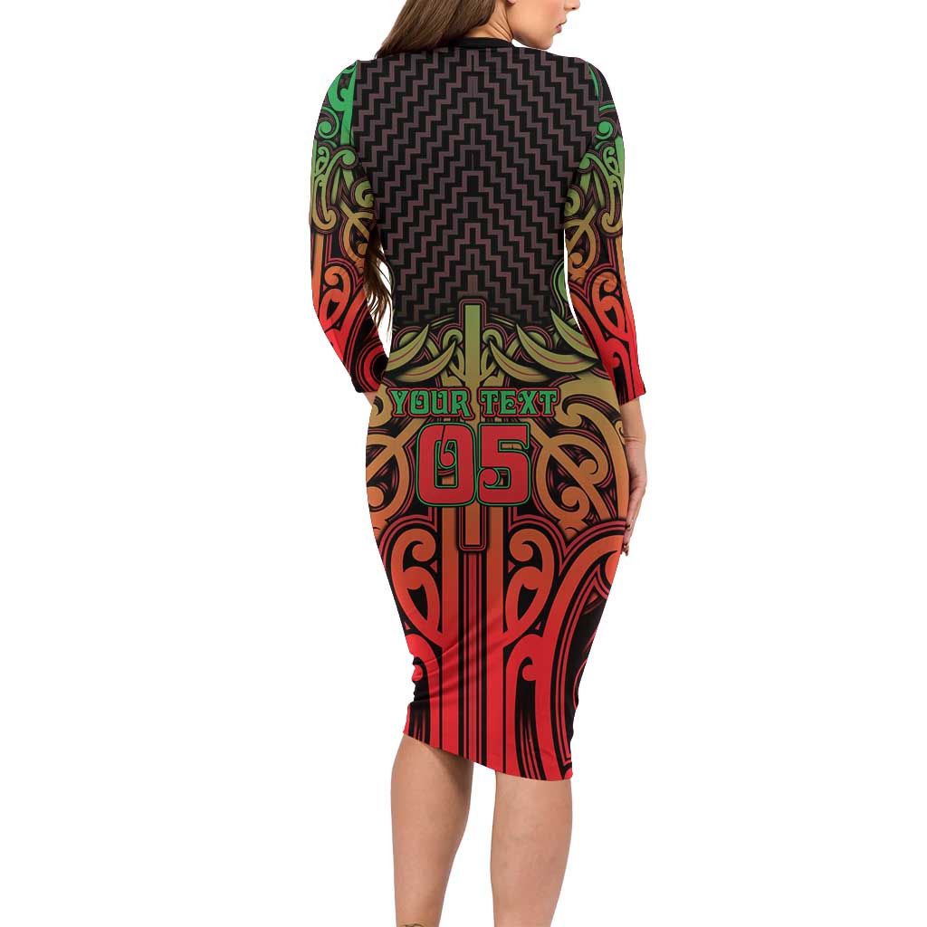 Custom Aotearoa Tuhoe Long Sleeve Bodycon Dress Maori Tribal Pattern Mix Poutama