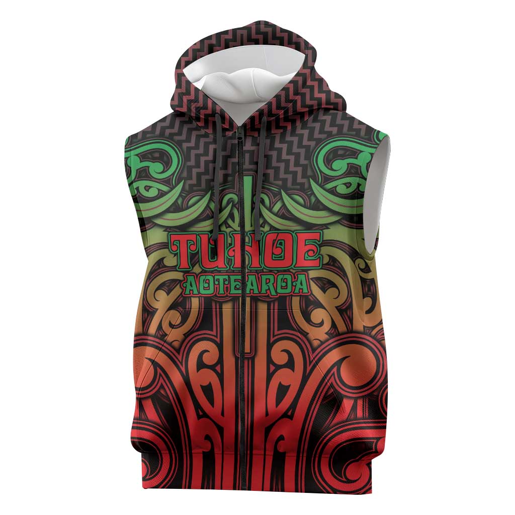 Custom Aotearoa Tuhoe Sleeveless Zip Hoodie Maori Tribal Pattern Mix Poutama