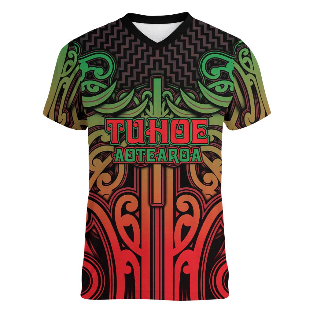 Custom Aotearoa Tuhoe Women V-Neck T-Shirt Maori Tribal Pattern Mix Poutama