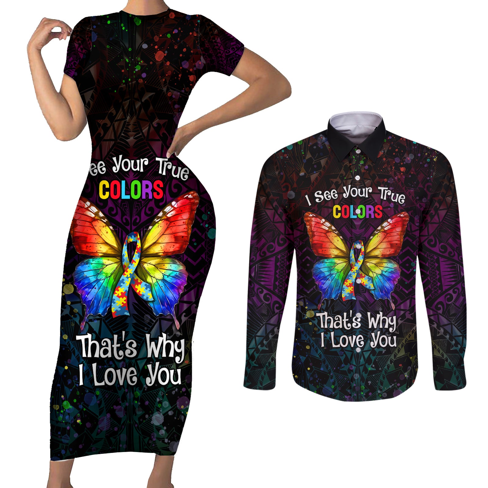 I See Your True Colors Personalised Couples Matching Short Sleeve Bodycon Dress and Long Sleeve Button Shirt Autism Awareness