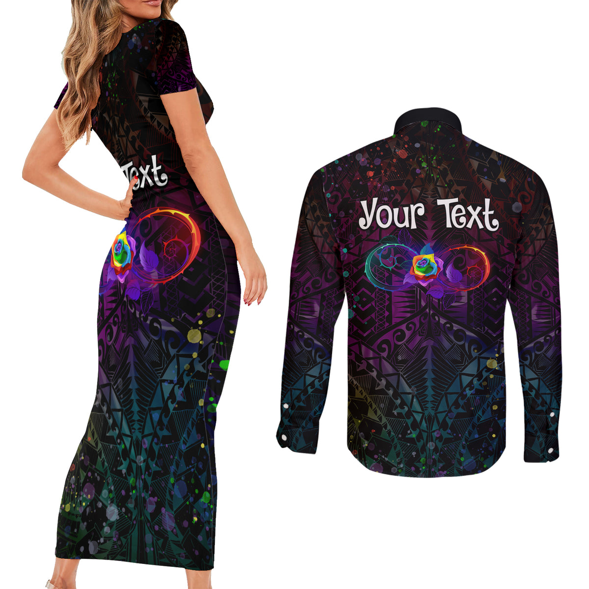 I See Your True Colors Personalised Couples Matching Short Sleeve Bodycon Dress and Long Sleeve Button Shirt Autism Awareness