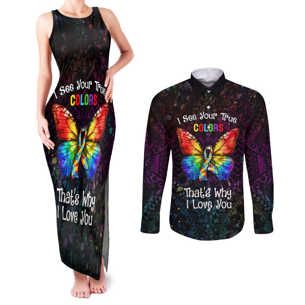 I See Your True Colors Personalised Couples Matching Tank Maxi Dress and Long Sleeve Button Shirt Autism Awareness
