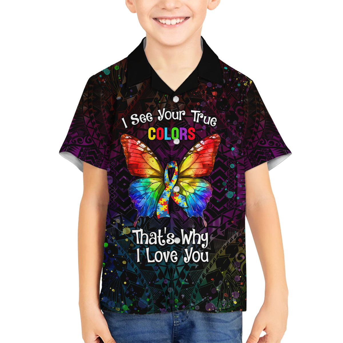 I See Your True Colors Personalised Family Matching Off Shoulder Short Dress and Hawaiian Shirt Autism Awareness