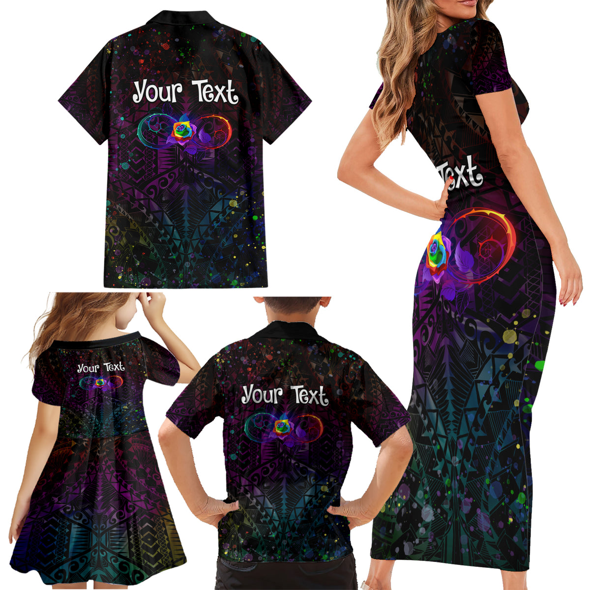 I See Your True Colors Personalised Family Matching Short Sleeve Bodycon Dress and Hawaiian Shirt Autism Awareness