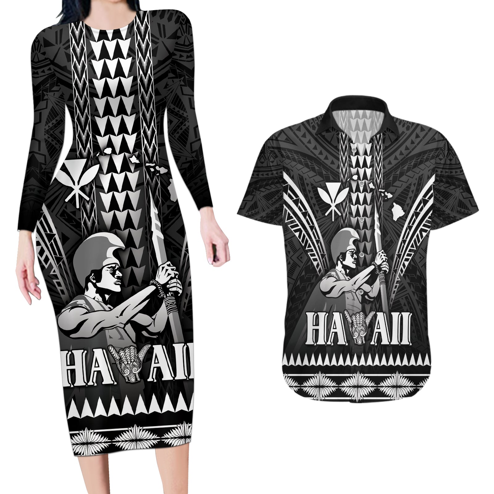 Personalised Hawaii Happy King Kamehameha Day Couples Matching Long Sleeve Bodycon Dress and Hawaiian Shirt Kakau Pattern