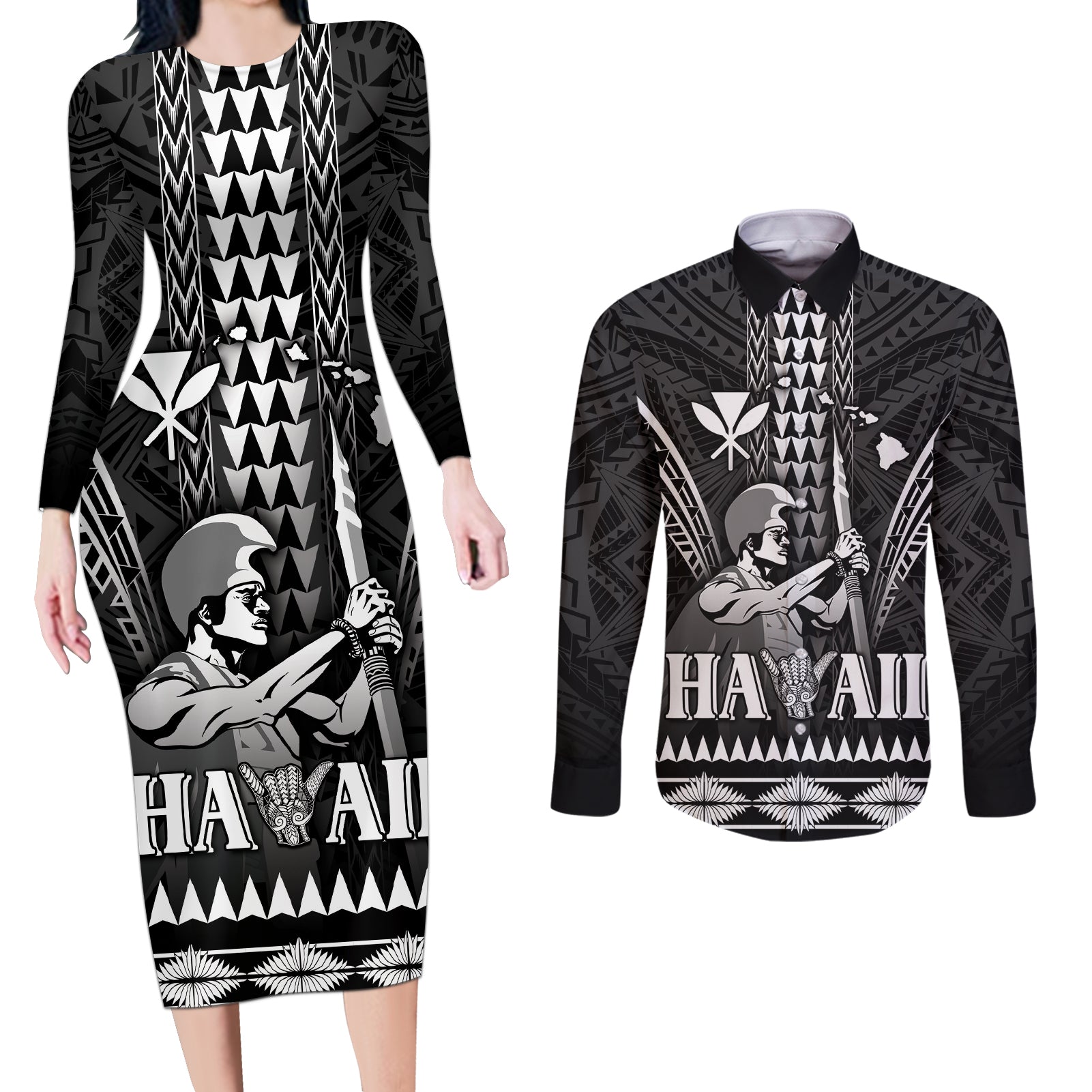 Personalised Hawaii Happy King Kamehameha Day Couples Matching Long Sleeve Bodycon Dress and Long Sleeve Button Shirt Kakau Pattern