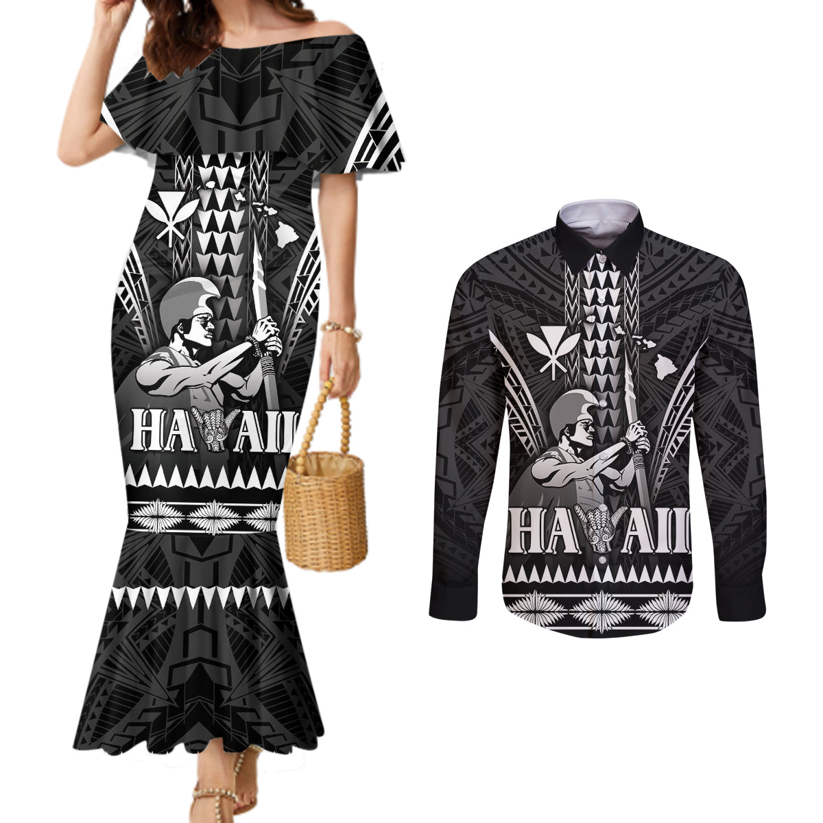 Personalised Hawaii Happy King Kamehameha Day Couples Matching Mermaid Dress and Long Sleeve Button Shirt Kakau Pattern