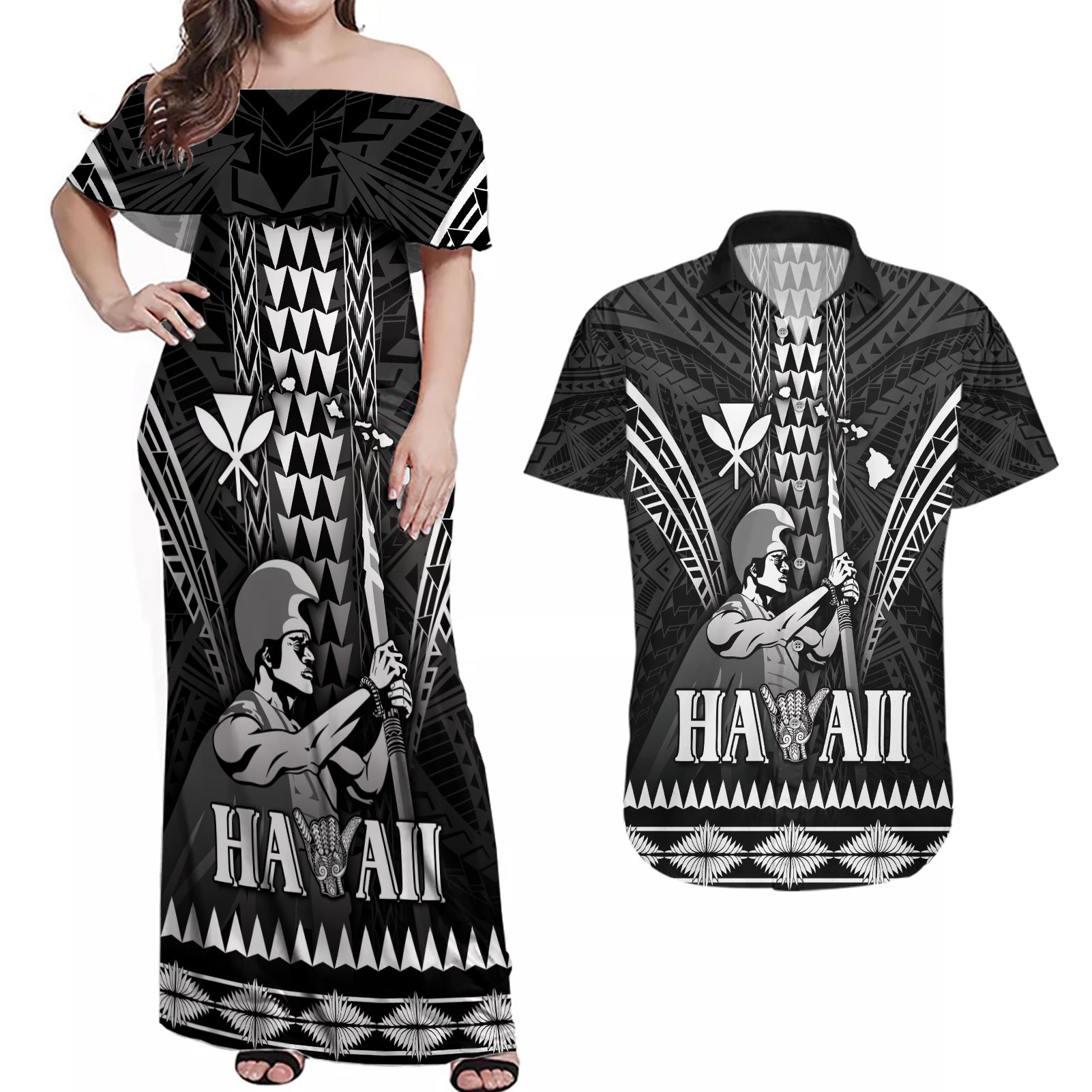 Personalised Hawaii Happy King Kamehameha Day Couples Matching Off Shoulder Maxi Dress and Hawaiian Shirt Kakau Pattern