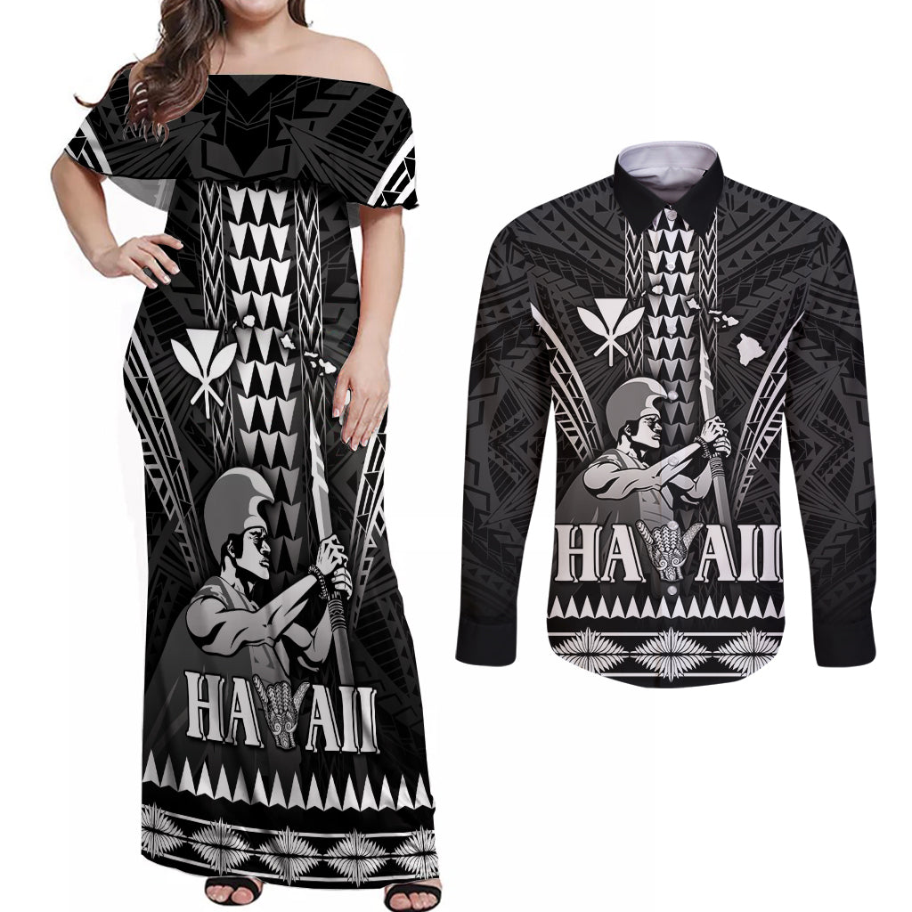Personalised Hawaii Happy King Kamehameha Day Couples Matching Off Shoulder Maxi Dress and Long Sleeve Button Shirt Kakau Pattern