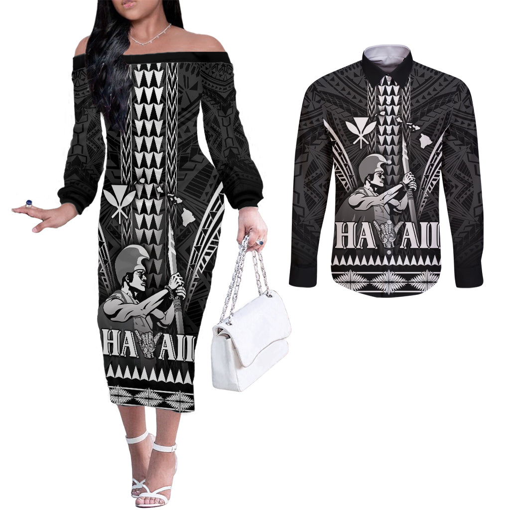 Personalised Hawaii Happy King Kamehameha Day Couples Matching Off The Shoulder Long Sleeve Dress and Long Sleeve Button Shirt Kakau Pattern
