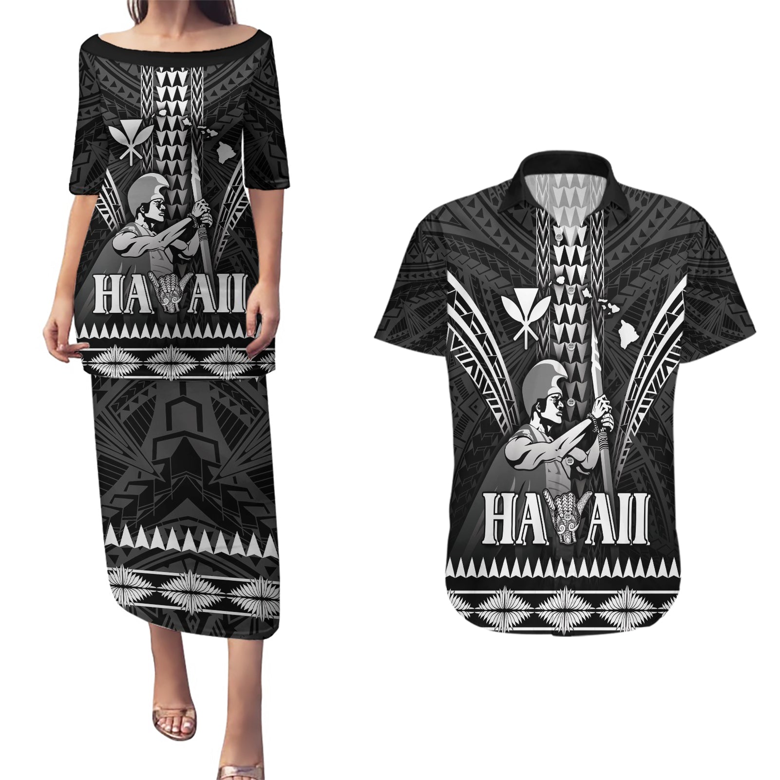 Personalised Hawaii Happy King Kamehameha Day Couples Matching Puletasi and Hawaiian Shirt Kakau Pattern