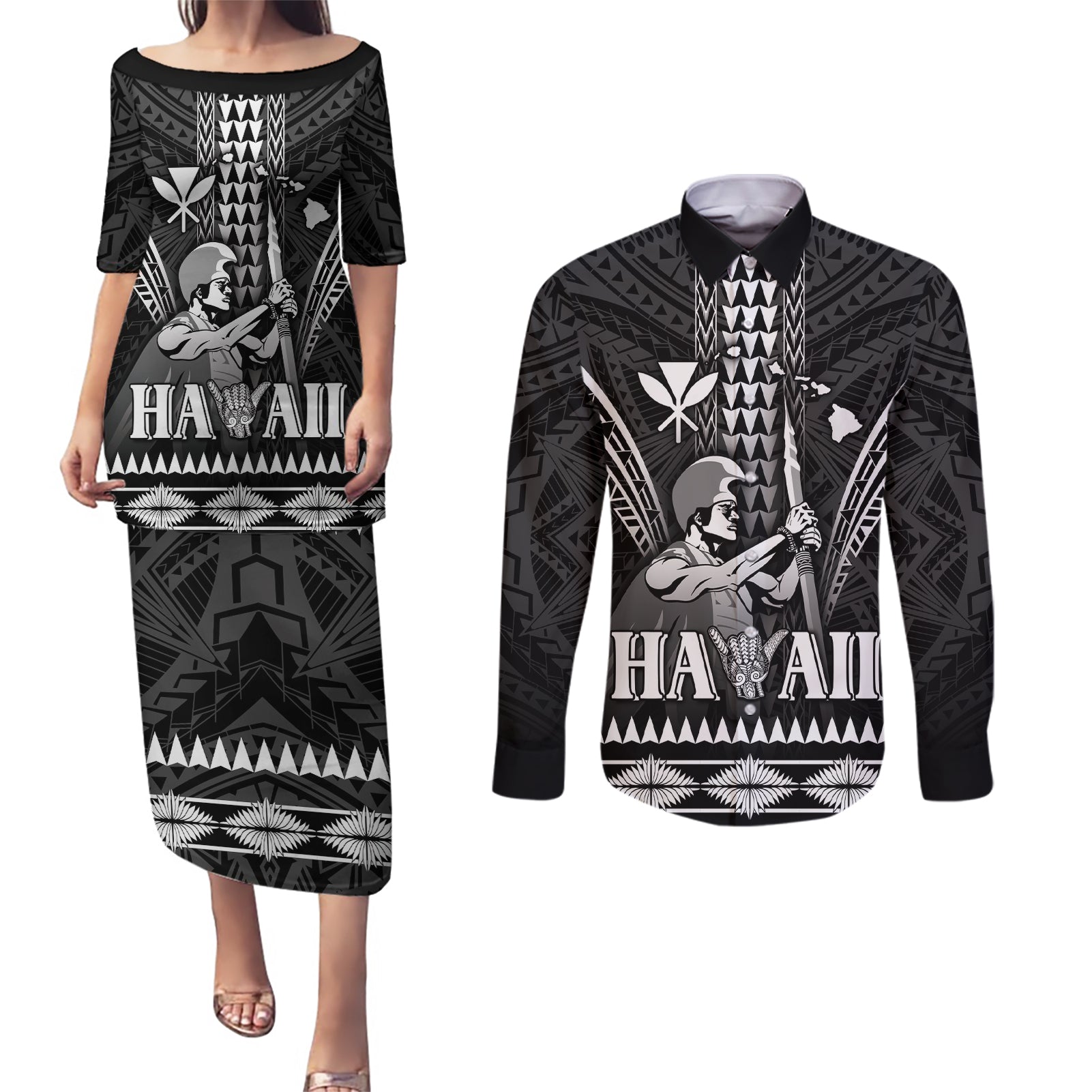 Personalised Hawaii Happy King Kamehameha Day Couples Matching Puletasi and Long Sleeve Button Shirt Kakau Pattern