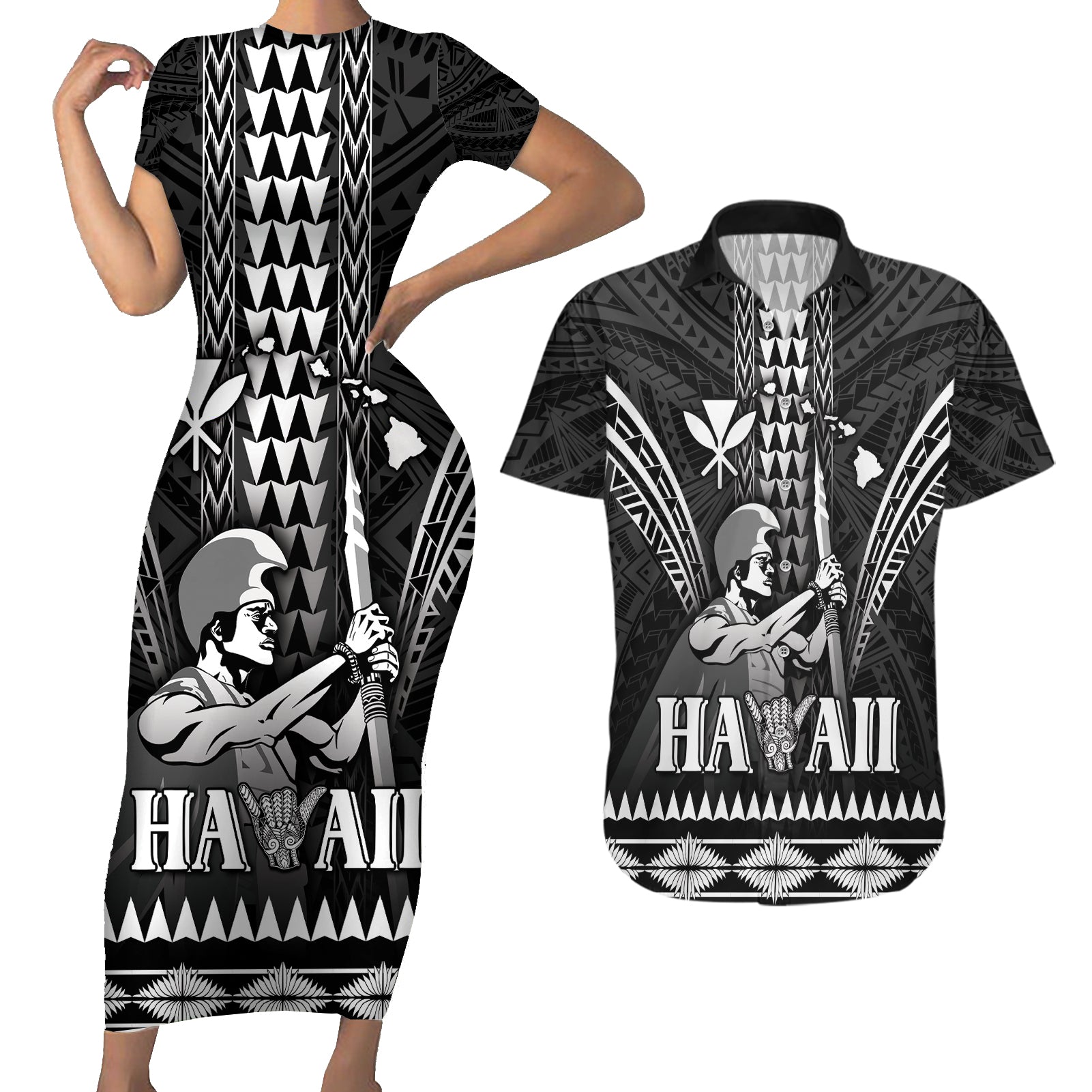 Personalised Hawaii Happy King Kamehameha Day Couples Matching Short Sleeve Bodycon Dress and Hawaiian Shirt Kakau Pattern