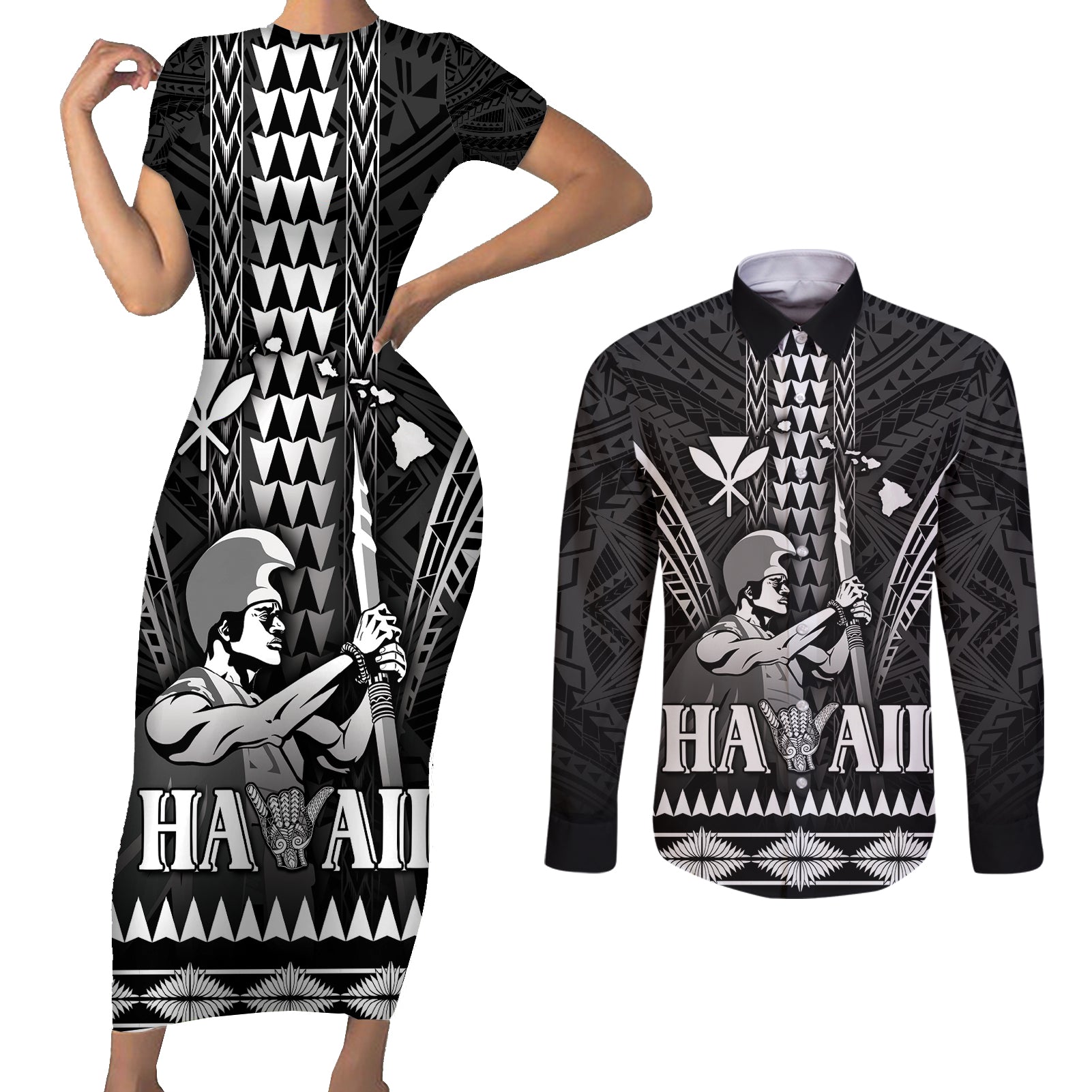 Personalised Hawaii Happy King Kamehameha Day Couples Matching Short Sleeve Bodycon Dress and Long Sleeve Button Shirt Kakau Pattern