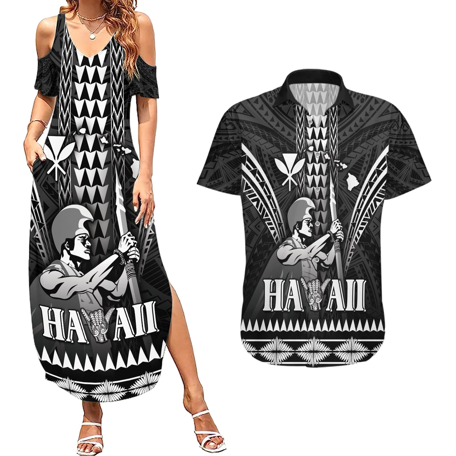 Personalised Hawaii Happy King Kamehameha Day Couples Matching Summer Maxi Dress and Hawaiian Shirt Kakau Pattern