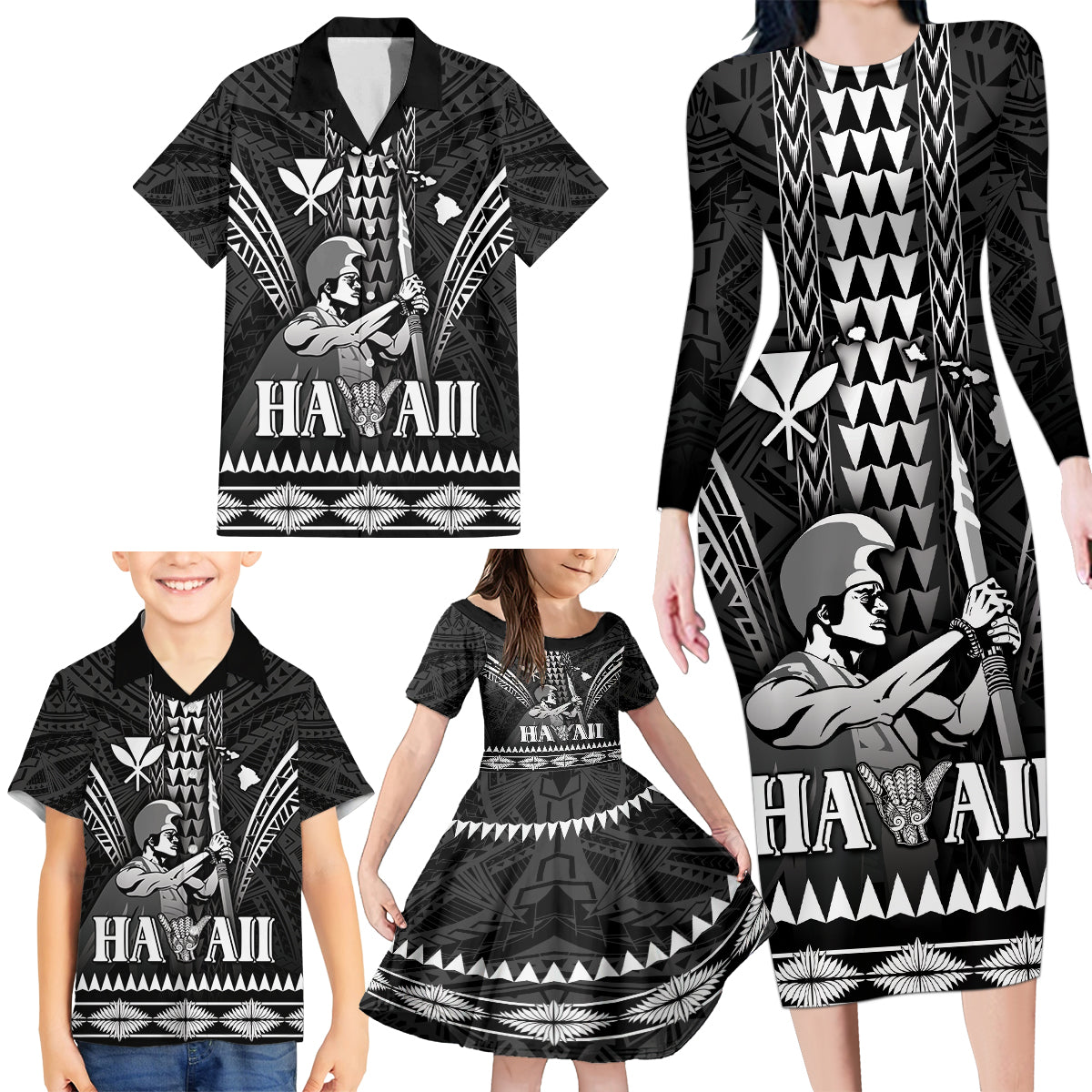 Personalised Hawaii Happy King Kamehameha Day Family Matching Long Sleeve Bodycon Dress and Hawaiian Shirt Kakau Pattern