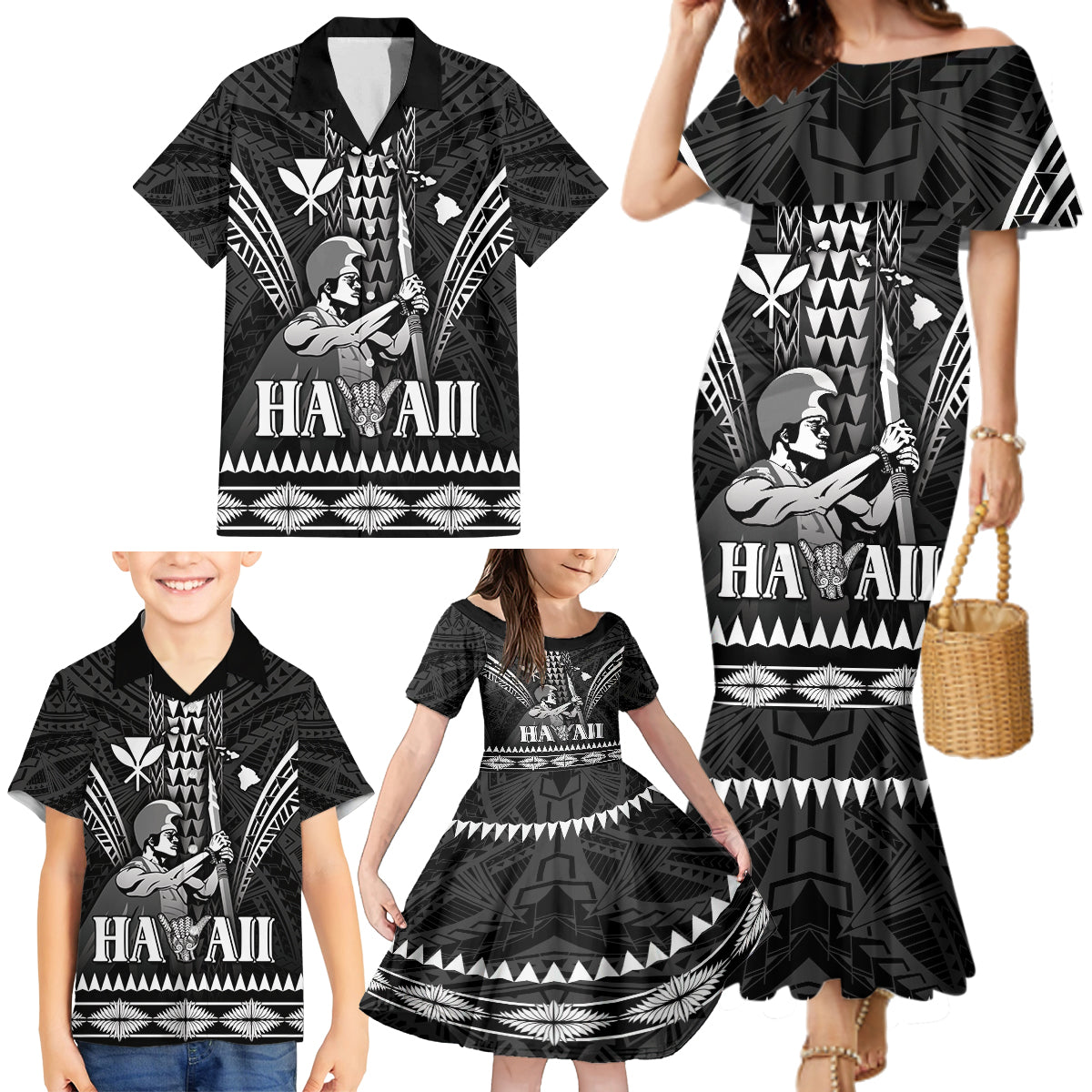 Personalised Hawaii Happy King Kamehameha Day Family Matching Mermaid Dress and Hawaiian Shirt Kakau Pattern