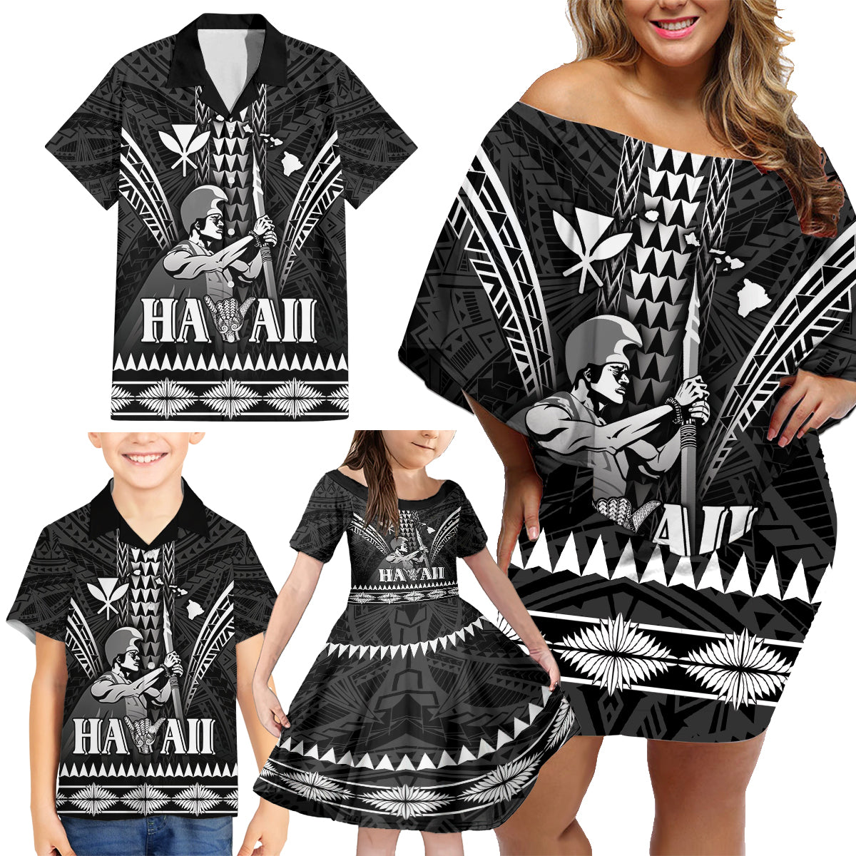 Personalised Hawaii Happy King Kamehameha Day Family Matching Off Shoulder Short Dress and Hawaiian Shirt Kakau Pattern