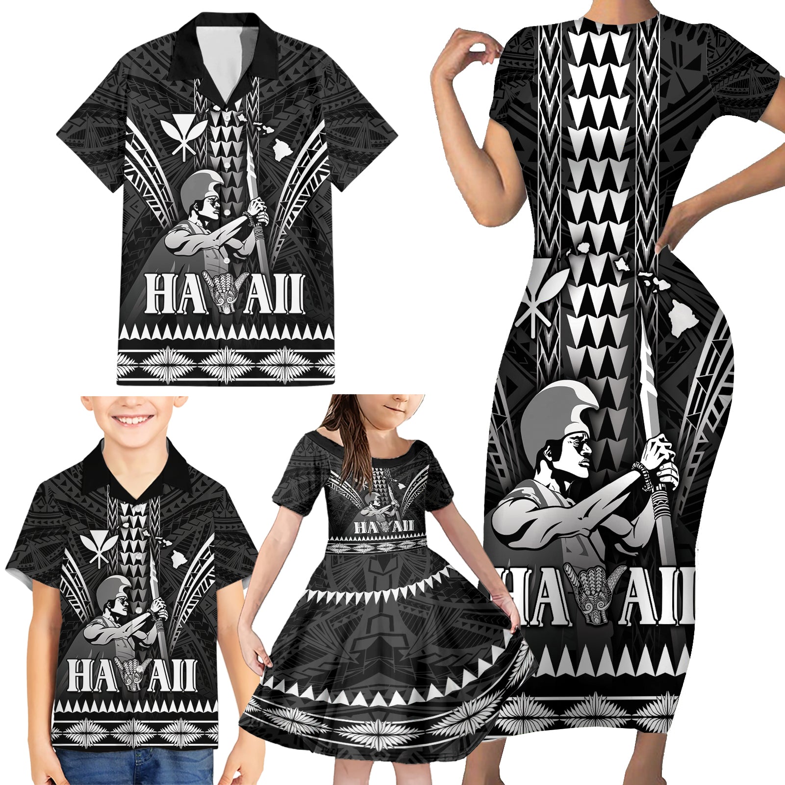 Personalised Hawaii Happy King Kamehameha Day Family Matching Short Sleeve Bodycon Dress and Hawaiian Shirt Kakau Pattern