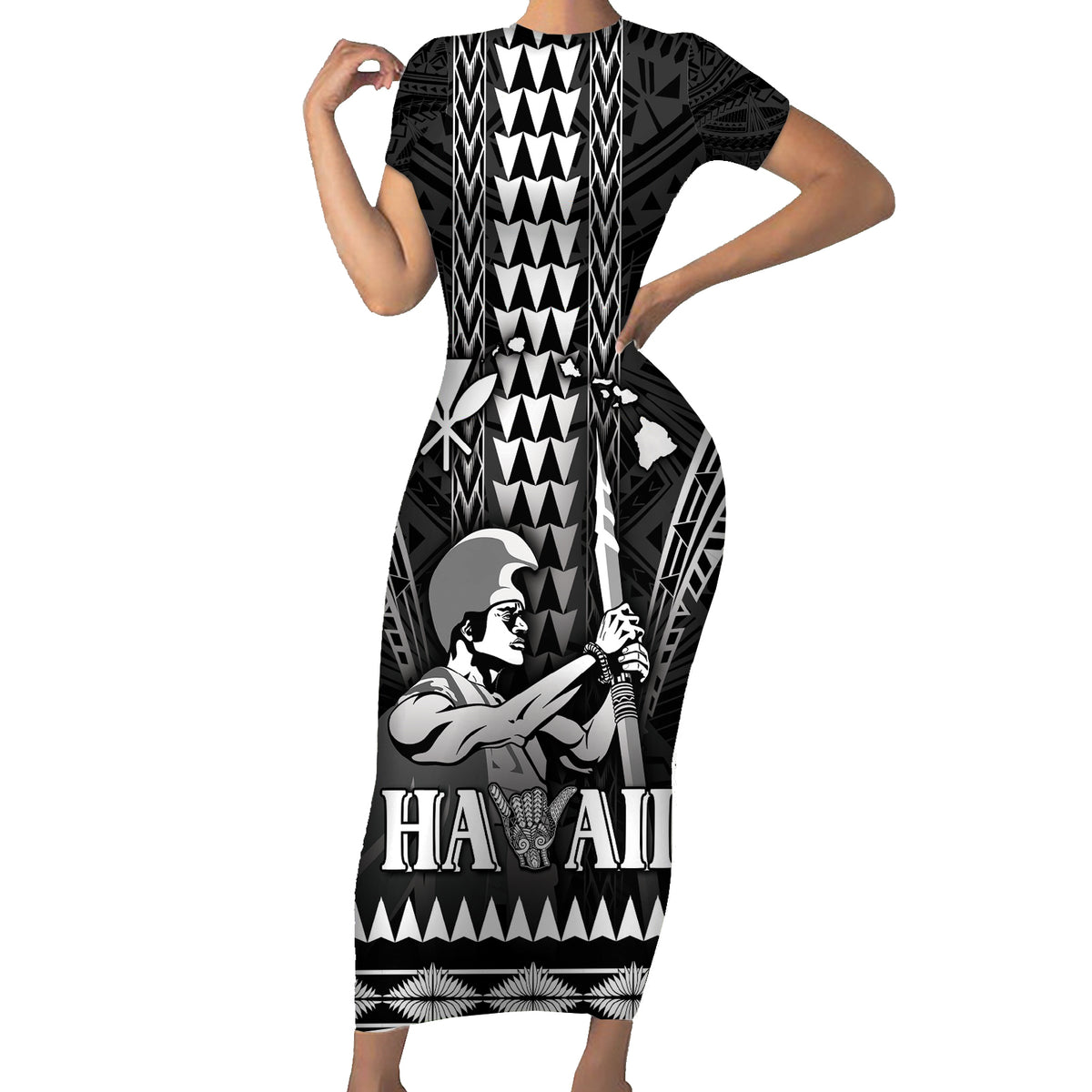 Personalised Hawaii Happy King Kamehameha Day Family Matching Short Sleeve Bodycon Dress and Hawaiian Shirt Kakau Pattern