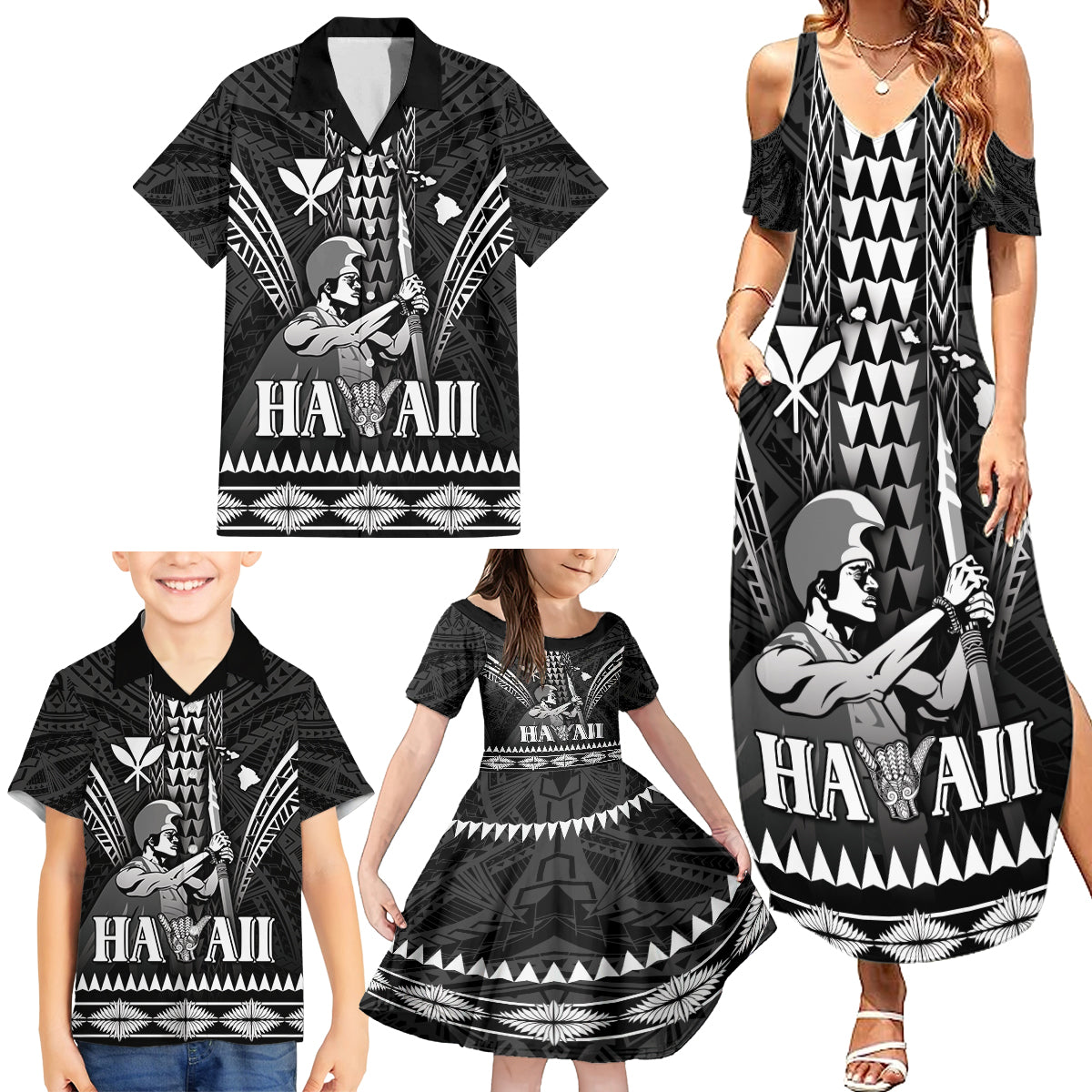 Personalised Hawaii Happy King Kamehameha Day Family Matching Summer Maxi Dress and Hawaiian Shirt Kakau Pattern