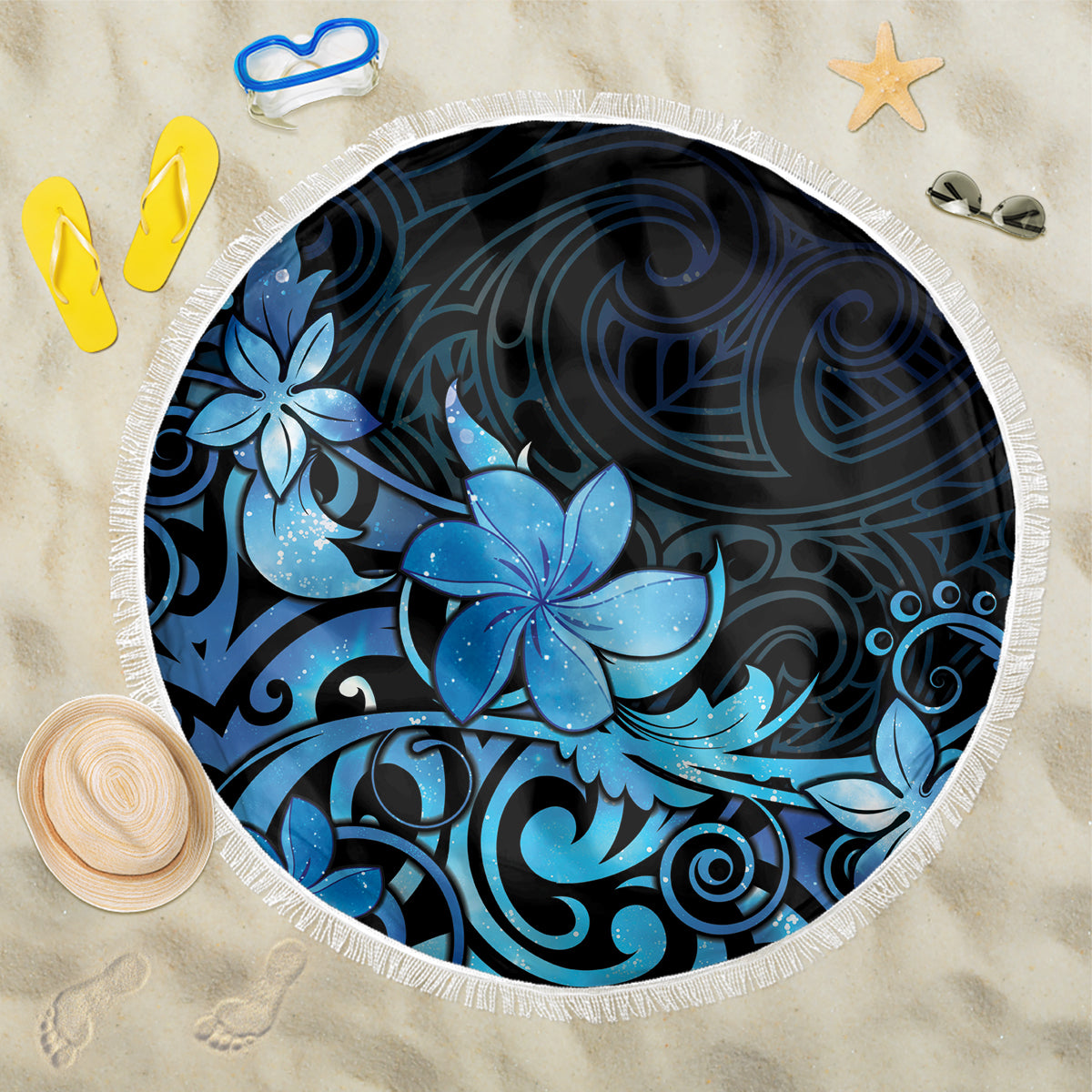 Matariki New Zealand Beach Blanket Maori Pattern Blue Galaxy