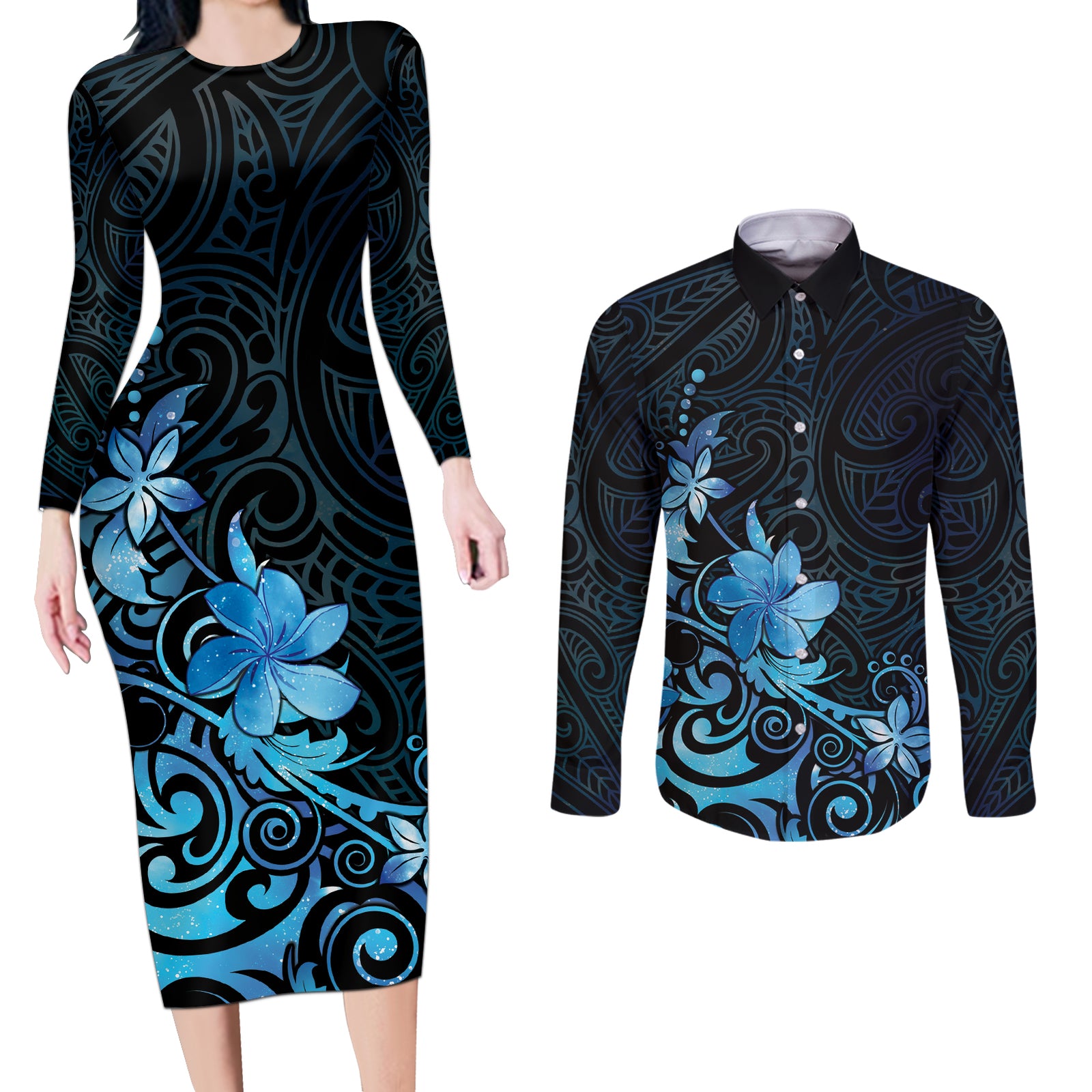 Matariki New Zealand Couples Matching Long Sleeve Bodycon Dress and Long Sleeve Button Shirt Maori Pattern Blue Galaxy