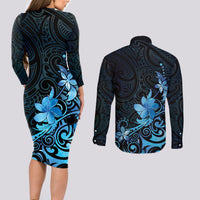 Matariki New Zealand Couples Matching Long Sleeve Bodycon Dress and Long Sleeve Button Shirt Maori Pattern Blue Galaxy