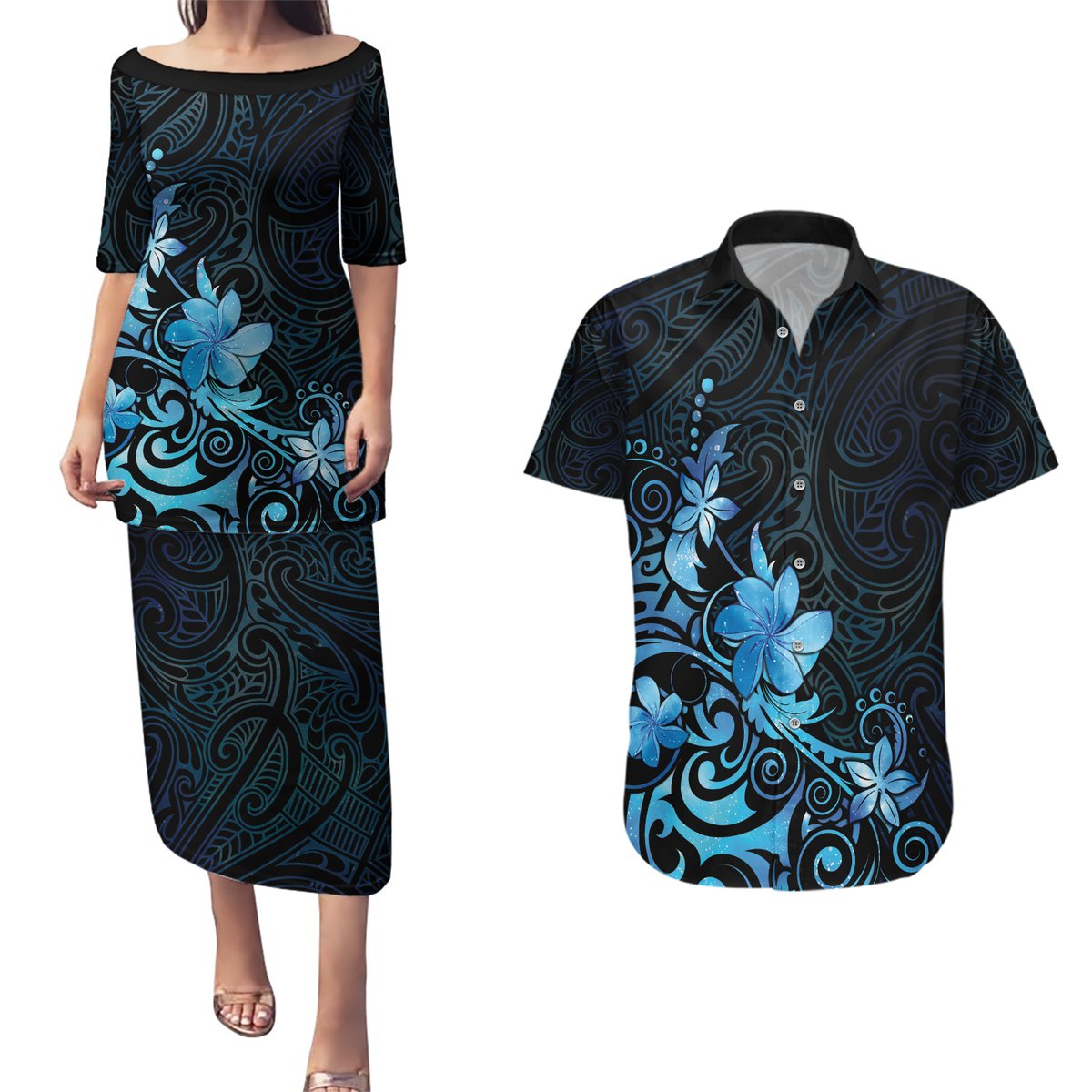 Matariki New Zealand Couples Matching Puletasi and Hawaiian Shirt Maori Pattern Blue Galaxy LT05 Blue - Polynesian Pride