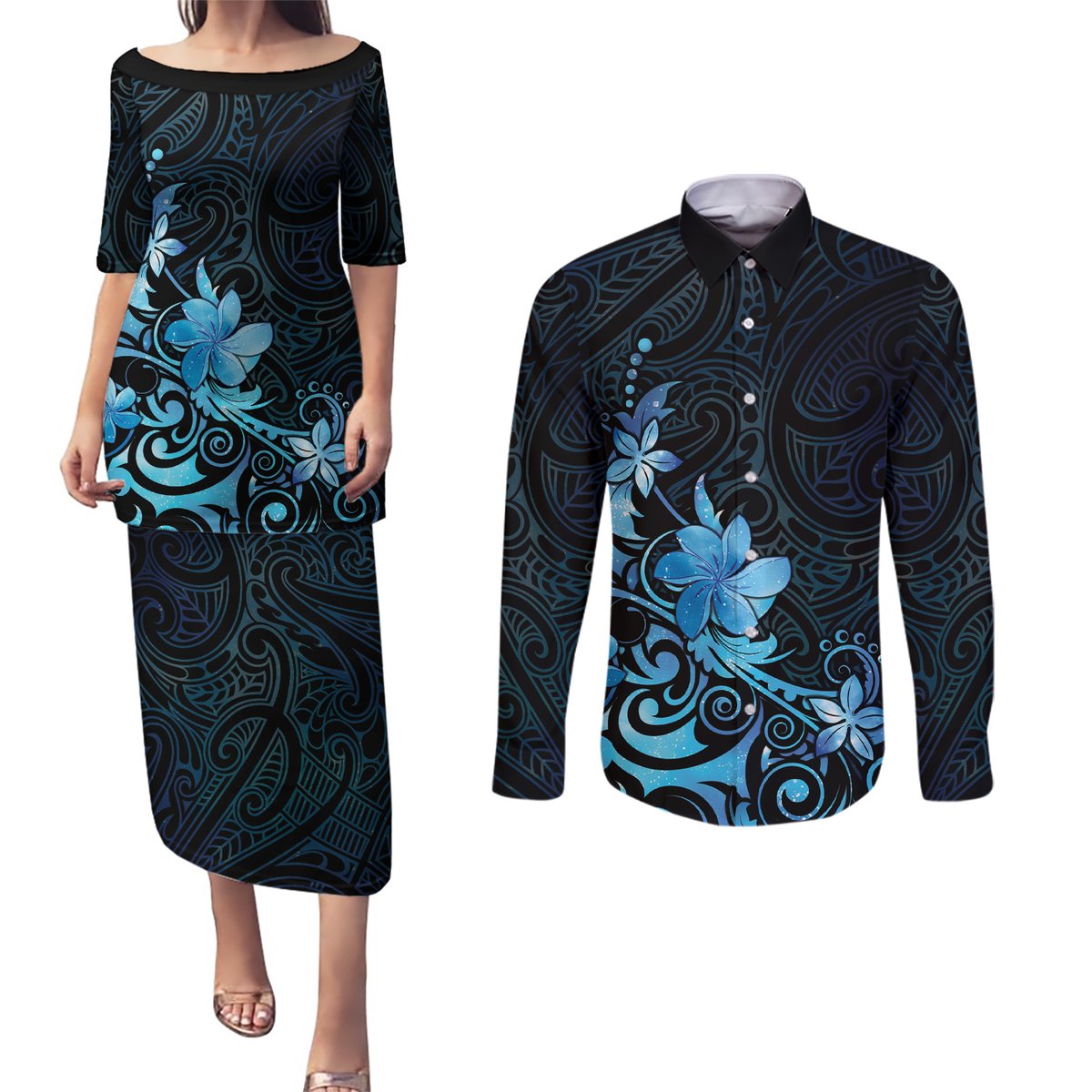Matariki New Zealand Couples Matching Puletasi and Long Sleeve Button Shirt Maori Pattern Blue Galaxy LT05 Blue - Polynesian Pride