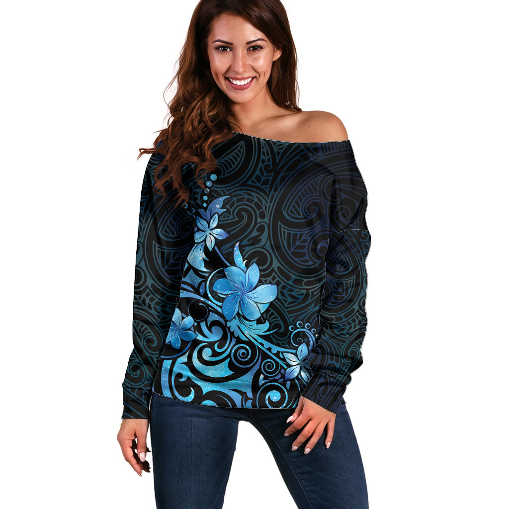 Matariki New Zealand Off Shoulder Sweater Maori Pattern Blue Galaxy