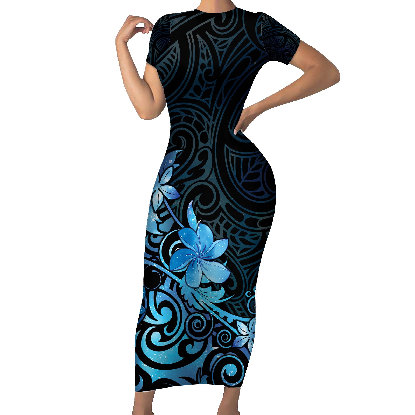 Matariki New Zealand Short Sleeve Bodycon Dress Maori Pattern Blue Galaxy