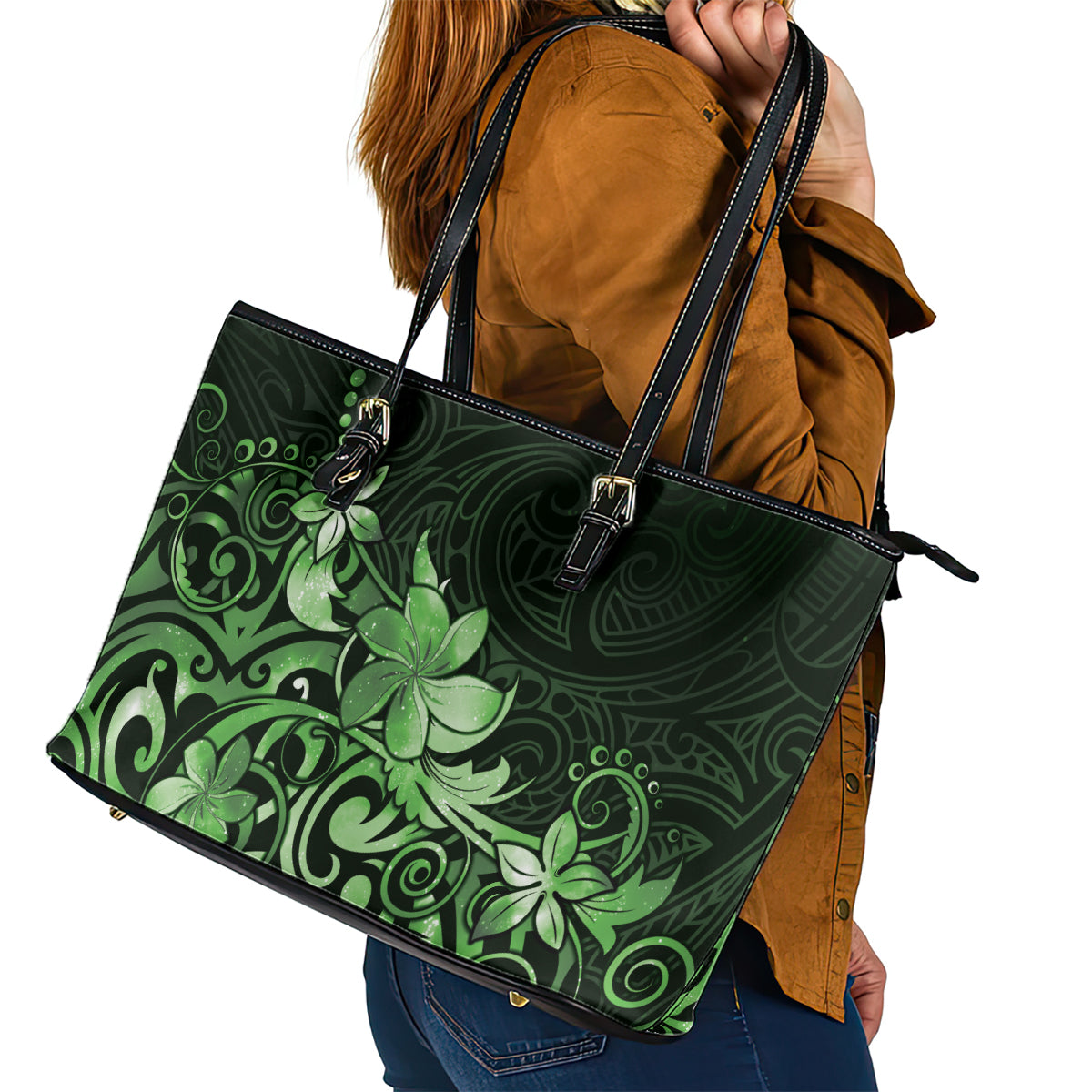 Matariki New Zealand Leather Tote Bag Maori Pattern Green Galaxy