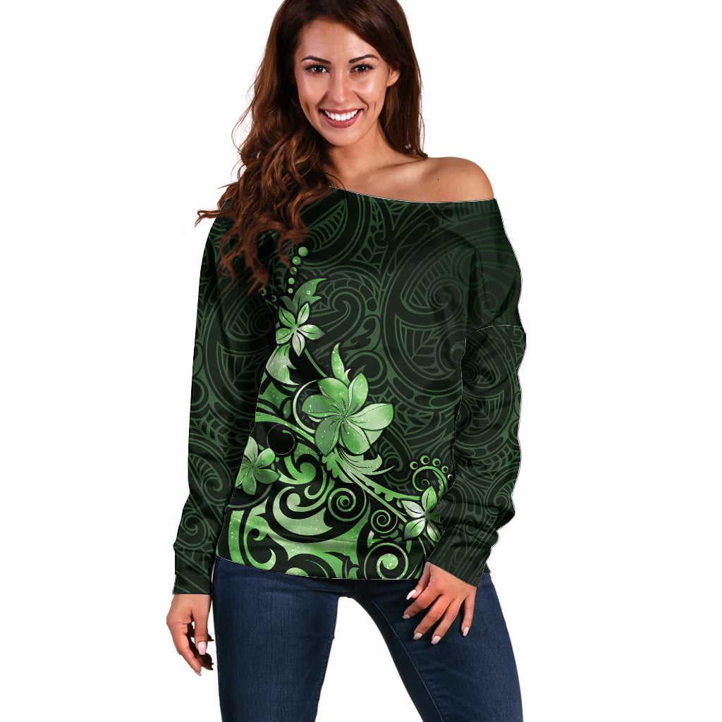 Matariki New Zealand Off Shoulder Sweater Maori Pattern Green Galaxy LT05 Women Green - Polynesian Pride