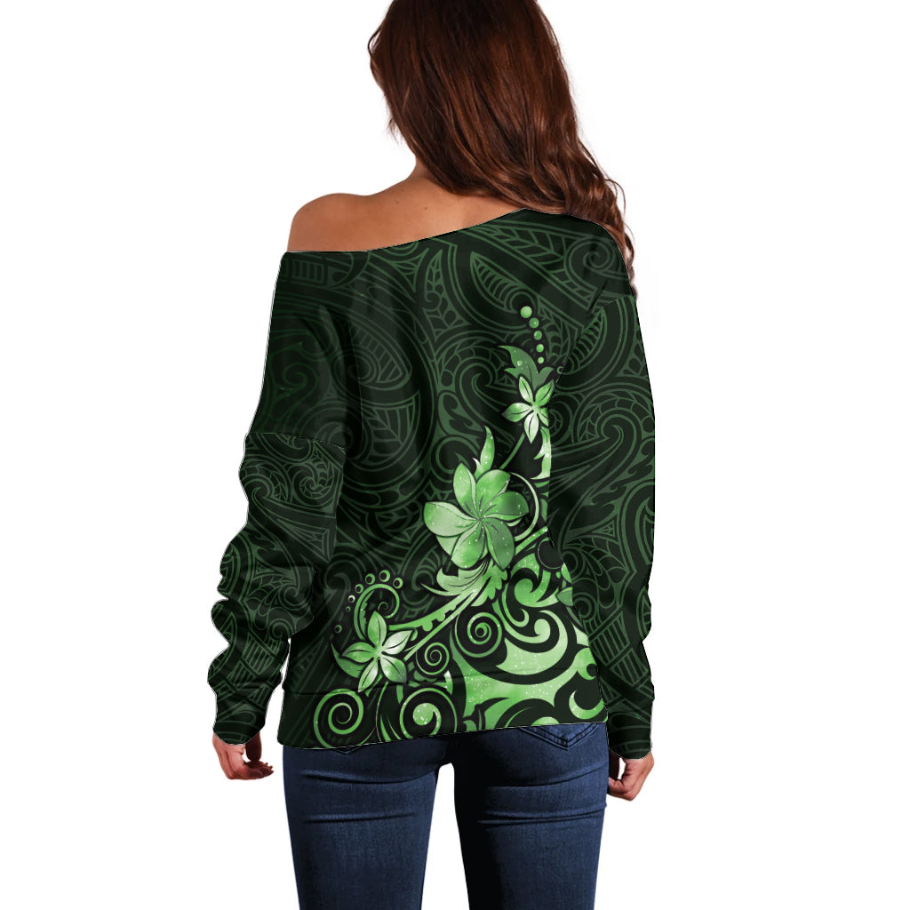 Matariki New Zealand Off Shoulder Sweater Maori Pattern Green Galaxy